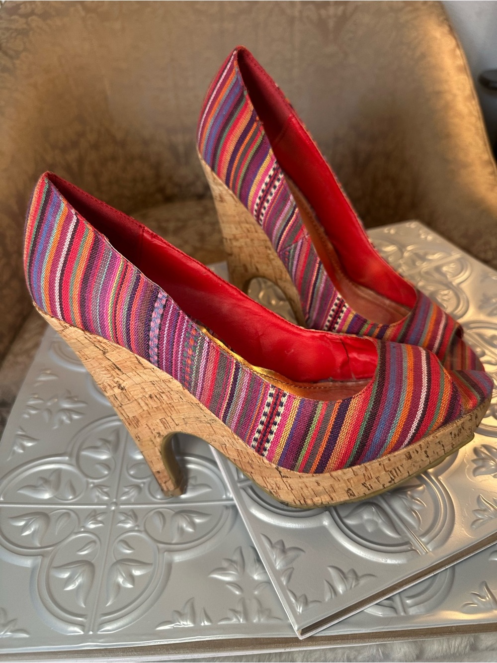 Bamboo Multicolor Striped Cork Platform Peep Toe Heels Size 8.5 Boho Pumps - Picture 2 of 13